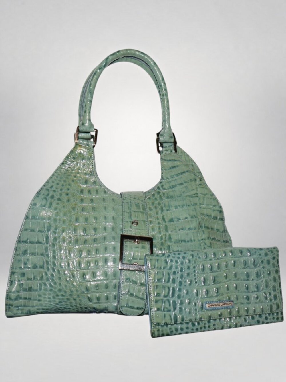 Charlie Lapson Mint Green Croc Embossed Satchel Purse w/ Matching Wallet
